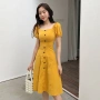 Mùa hè Hàn Quốc phiên bản của chic retro slim cao eo là mỏng màu rắn đơn ngực vuông cổ áo ngắn tay dài ăn mặc nữ 	váy thắt dây eo	