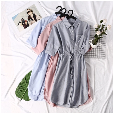2018 mùa hè mới của Hàn Quốc phụ nữ đơn giản sọc tie eo đơn ngực váy váy EY váy ngủ 2 dây váy đầm