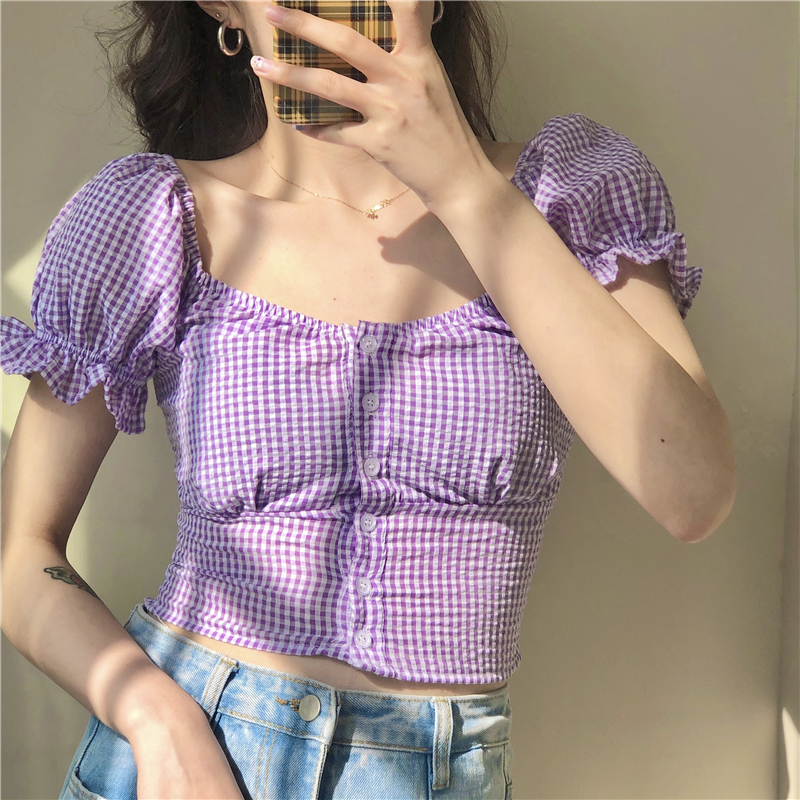 Summer Korean girl's bubble sleeve square collar French top design sense minority Purple Plaid Shirt women's short sleeve trend