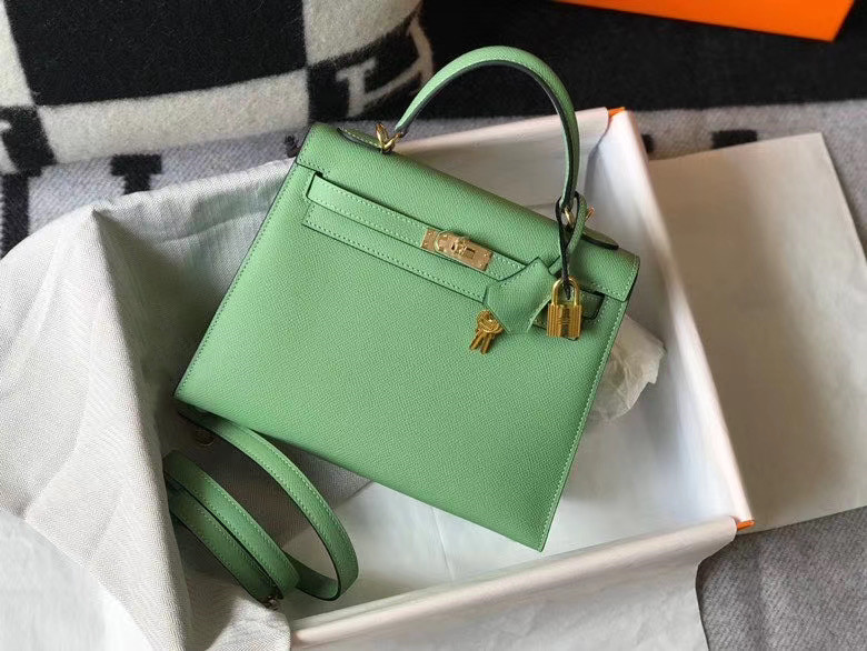 Notes On Avocado Green [Handmade 25Cm] Gold And Silver Clasp2021 Star of the same style H home Kelly bag epsom skin Palmar pattern One shoulder Messenger portable leisure time genuine leather Female bag