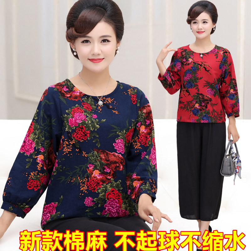 Mùa hè mới trung niên mẹ lỏng kích thước lớn thêu bông và vải lanh t-shirt nữ ngắn tay của phụ nữ linen shirt thêu
