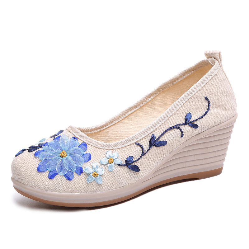 WhiteChinese style flax Cloth shoes high-heeled Embroidered shoes female The old Beijing cloth shoes Slope heel Flat bottom Shallow mouth Trochanter ventilation Single shoes