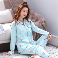Đồ ngủ mùa hè của phụ nữ dài tay phần mỏng cardigan Hàn Quốc phiên bản của mùa xuân và mùa thu để tăng béo lady tháng con dịch vụ nhà phù hợp với bông bộ đồ dài tay nữ