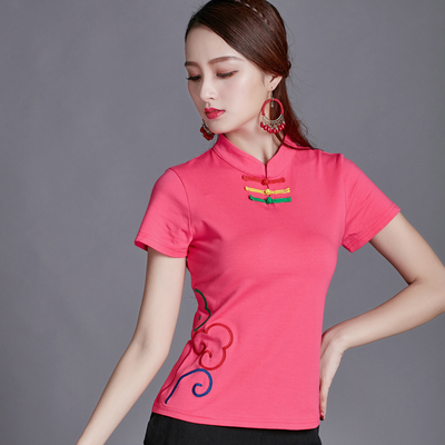 Phong cách quốc gia mùa hè ăn mặc mới của Trung Quốc phong cách của phụ nữ thêu đứng cổ áo khóa ngắn tay t-shirt Slim kích thước lớn bông đáy áo Cộng với kích thước quần áo