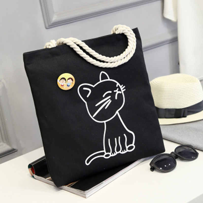 Cute Black CatKorean version Canvas bag female literature The single shoulder bag Simple and versatile handbag like a breath of fresh air student a bag leisure time Cloth bag