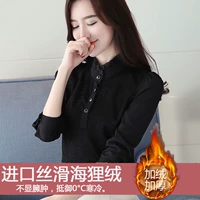 Mùa thu 2018 phiên bản Hàn Quốc mới của áo sơ mi ren cổ lọ màu đen hoang dã, áo voan mỏng và nhung ao so mi nu