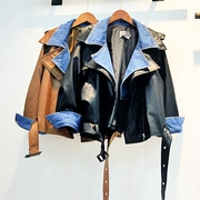 Trạm châu âu 2017 đầu mùa thu mới denim khâu giả hai mảnh da áo khoác ngắn nữ lỏng lẻo hoang dã áo khoác thủy triều