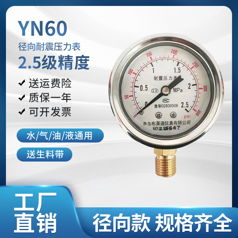 Thanh Đảo Brady Nhạc Cụ YN-60 chống sốc đồng hồ đo áp suất không khí áp suất nước áp suất dầu chống sốc trục xuyên tâm