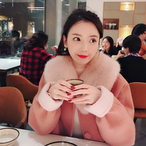 Li Yuwei tùy chỉnh mùa đông mới của Hàn Quốc phiên bản của phần dài lỏng lẻo đơn ngực màu hồng cổ áo lông thú lớn áo len lông măng tô nữ