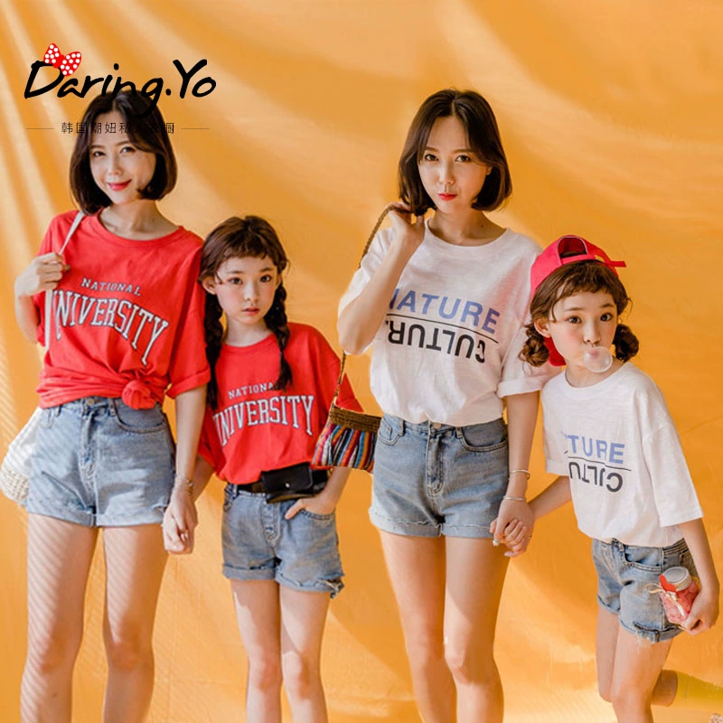 2019 phiên bản Hàn Quốc của mẹ và con gái quần đùi áo phông dài tay năm điểm lớn mới - Trang phục dành cho cha mẹ và con