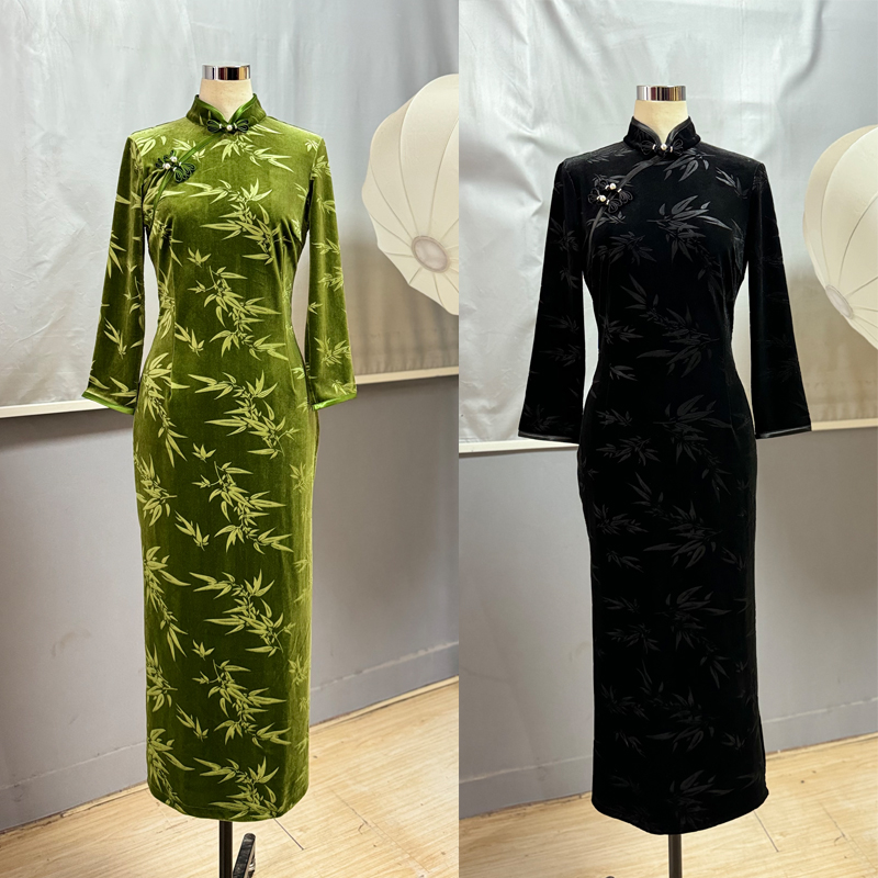 Retro elegant velvet long cheongsam, internet celebrity, fitted