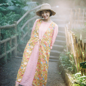 Blooming C183 hoa 2018 mới gừng vàng V-cổ tie in dài vest