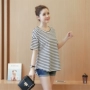 Phụ nữ mang thai áo sơ mi mùa hè ngắn tay t-shirt ngắn tay t-shirt cotton sọc Hàn Quốc phiên bản của lỏng kích thước lớn đáy áo phụ nữ đoạn ngắn áo ngực bà bầu