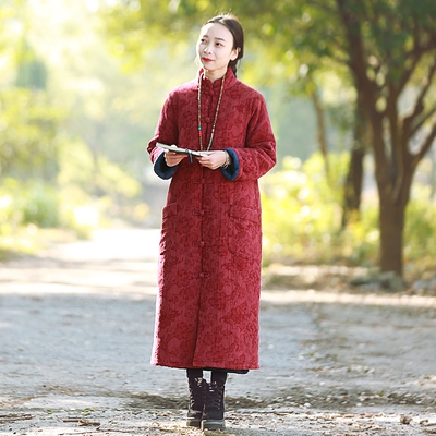 民族风棉衣女中长款冬中式复古盘扣棉服棉麻女装加厚中国风棉袄