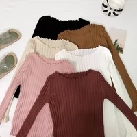 Phiên bản Hàn Quốc của tai mới bằng gỗ đan dọc đáy áo dài tay Slim quần áo mùa thu và mùa đông sang trọng áo phông rộng