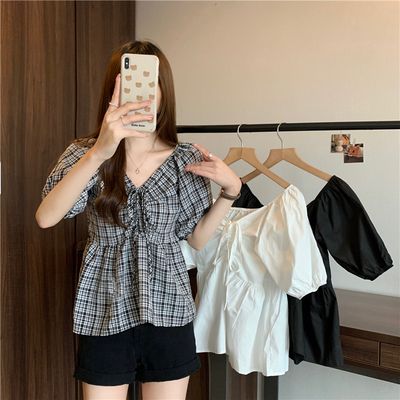 taobao agent Shiffon summer sexy top, plus size, french style, V-neckline, drawstring