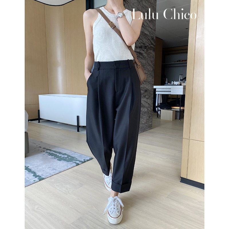 Black high-waisted straight-leg suit pants for women in the autumn of 2022, petite loose fringed 9-inch casual pants for women