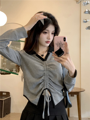 taobao agent T-shirt, autumn short sexy jacket, plus size, drawstring, V-neckline, fitted, long sleeve
