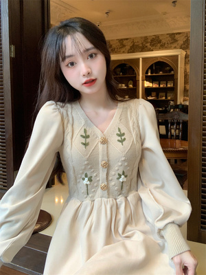 taobao agent Knitted corduroy retro dress, plus size, french style