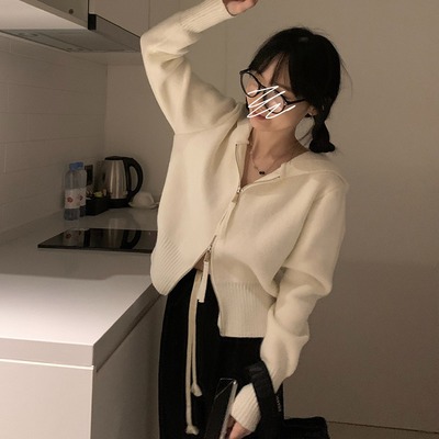taobao agent Sweater with zipper with hood, demi-season knitted jacket, top, plus size, long sleeve, 2023 collection, fitted