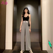 Kiểu áo crop top yếm + mặt dây chuyền cao cạp quần ống rộng giảm béo co giãn thẳng - Áo vest