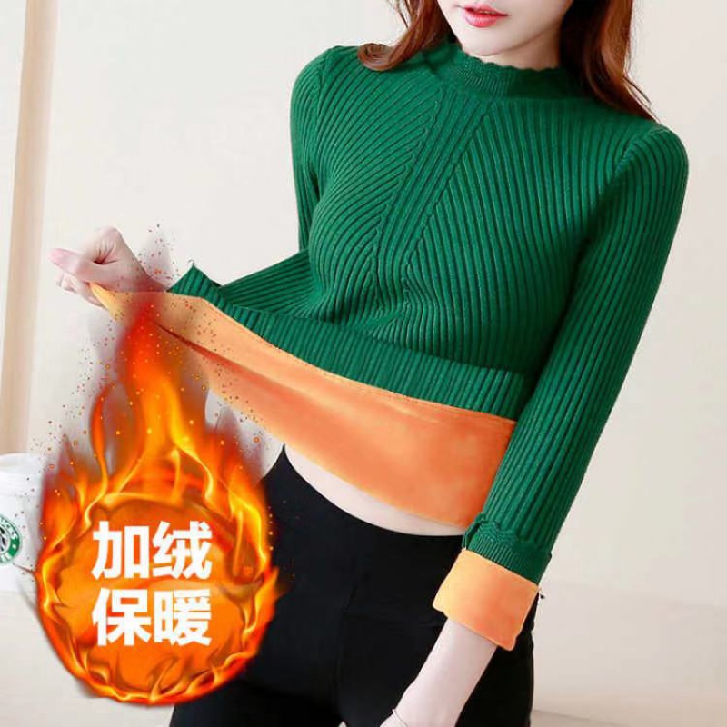 2019秋冬毛衣女长袖修身保暖半高领加绒加厚针织衫打底衫女装上衣