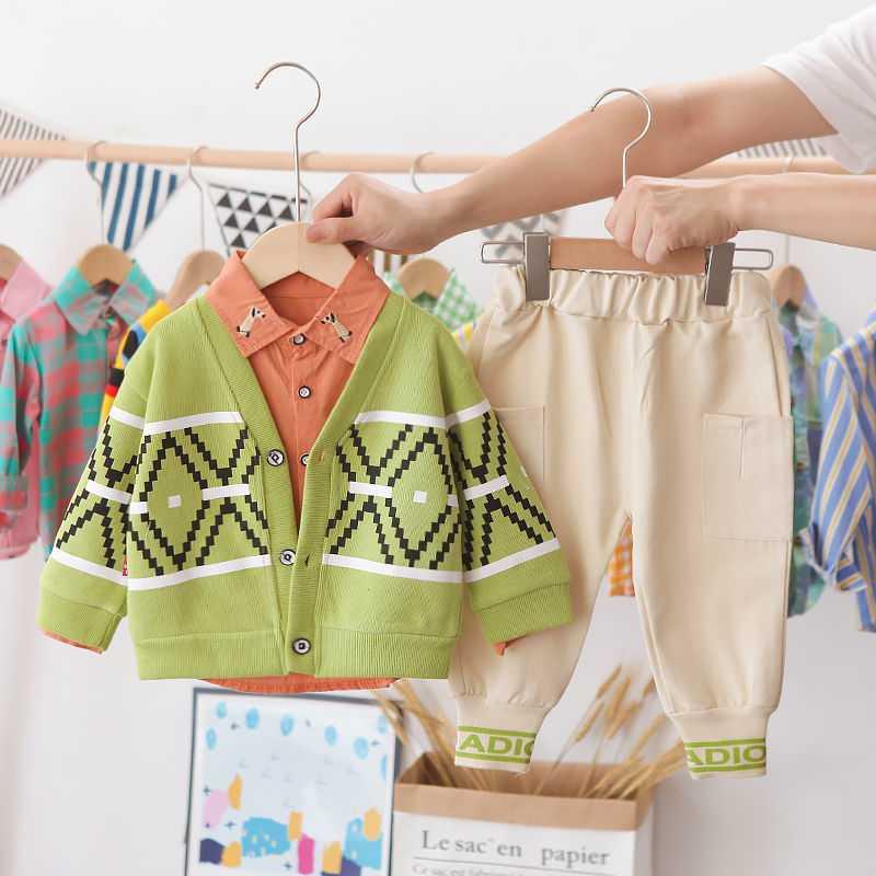 PD Diamond Sweater Green & Three Piece Setbaby Autumn clothes Boy Spring and Autumn suit 2021 new pattern Foreign style Three piece set tide baby clothes handsome Children's wear