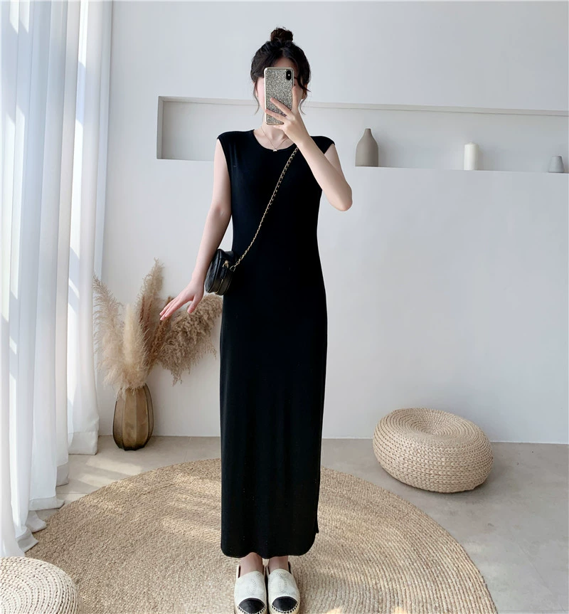 Băng lụa dài váy của phụ nữ mùa hè dài màu đen váy đáy cộng với kích thước váy vest dệt kim mùa xuân và mùa thu váy dây treo mới - váy đầm