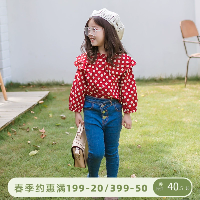 Xiaoxi trẻ em mùa xuân và quần áo mùa thu 2020 mới kiểu nước ngoài phiên bản Hàn Quốc của áo sơ mi chấm bi dài tay bé gái sơ mi - Áo sơ mi
