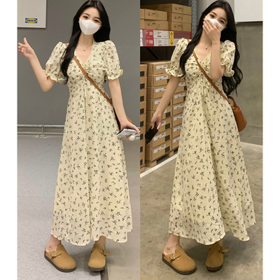 taobao agent Shiffon summer dress, long skirt, plus size, V-neckline, fitted, A-line