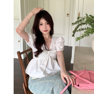 taobao agent Shiffon summer top, plus size, french style, V-neckline, puff sleeves