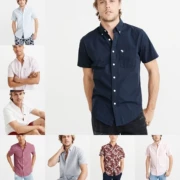 Mỹ Abercrombie Fitch chính hãng cho nam AF Summer Slim Cotton Poplin Oxford Áo sơ mi ngắn tay - Áo