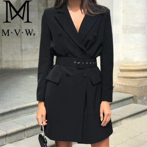 MVW2020秋冬新款女装 时尚气质系带收腰双排扣中长款西装连衣裙女