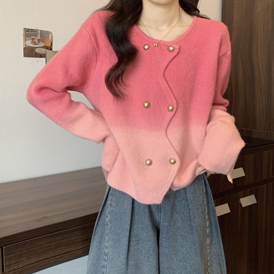 taobao agent Knitted demi-season cardigan, sweater, fashionable jacket, plus size, gradient, round collar