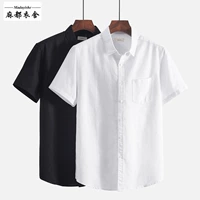 Áo sơ mi nam cotton mỏng và lanh tay ngắn Nhật Bản cổ vuông túi nhỏ lỏng thoáng khí áo sơ mi nửa tay - Áo áo sơ mi nam caro