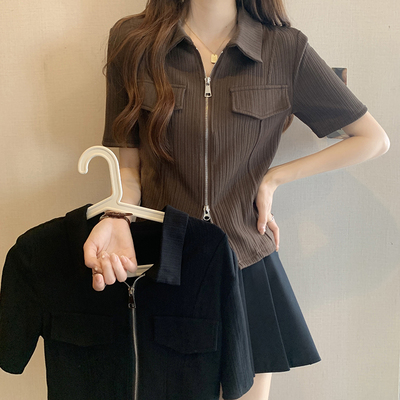 taobao agent Sexy summer short sleeve T-shirt with zipper, top, plus size, polo collar, fitted