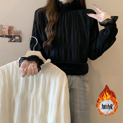 taobao agent Warm shiffon autumn T-shirt, demi-season long-sleeve, jacket, plus size, western style, high collar