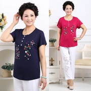 Quần áo cotton từ bi của phụ nữ trung niên cộng với phân bón XL mùa hè áo mẹ béo áo sơ mi ngắn tay modal - Áo phông