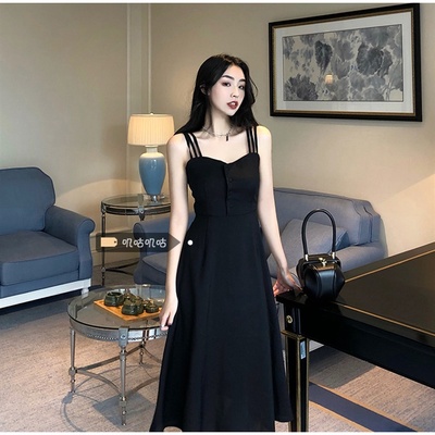 taobao agent Summer black slip dress, brace, plus size, french style