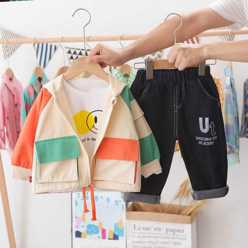 PD Smile Face Tooling Pocket Beibai & Three Piece Setbaby Autumn clothes Boy Spring and Autumn suit 2021 new pattern Foreign style Three piece set tide baby clothes handsome Children's wear