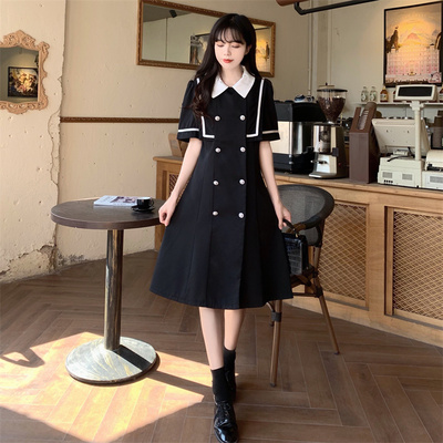 taobao agent Navy summer dress, fitted long brace, plus size, A-line, mid-length