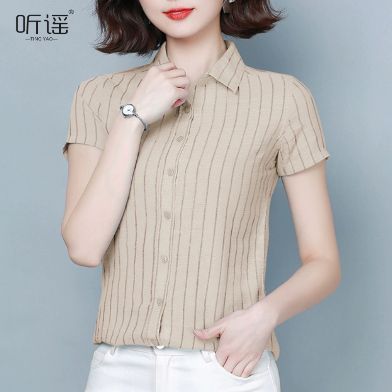 Mùa hè mới của phụ nữ cotton và lanh 2021 áo sơ mi ngắn tay sọc áo sơ mi nữ mỏng mảnh mai Hàn Quốc - Áo sơ mi