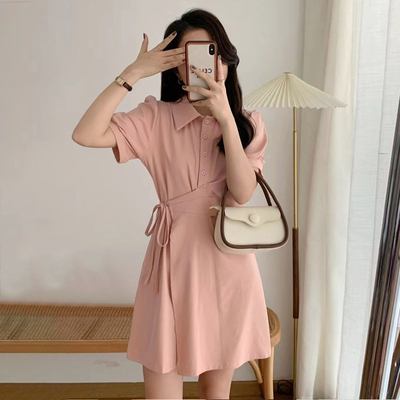 taobao agent Shirt, summer dress, skirt, brace, plus size, polo collar, puff sleeves
