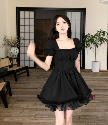 taobao agent Retro summer dress, mini-skirt, fitted brace, small princess costume, plus size, A-line