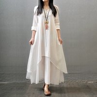 Платье, осенний комплект, этническая длинная юбка, из хлопка и льна, 2019, этнический стиль, большой размер, свободный крой