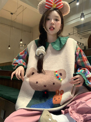 taobao agent Knitted sweater, vest, autumn set, top, plus size, fitted