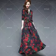 Tide thương hiệu mua của phụ nữ dài tay v-cổ in váy retro viền eo váy dài váy swing lớn váy quốc phục - Trang phục dân tộc