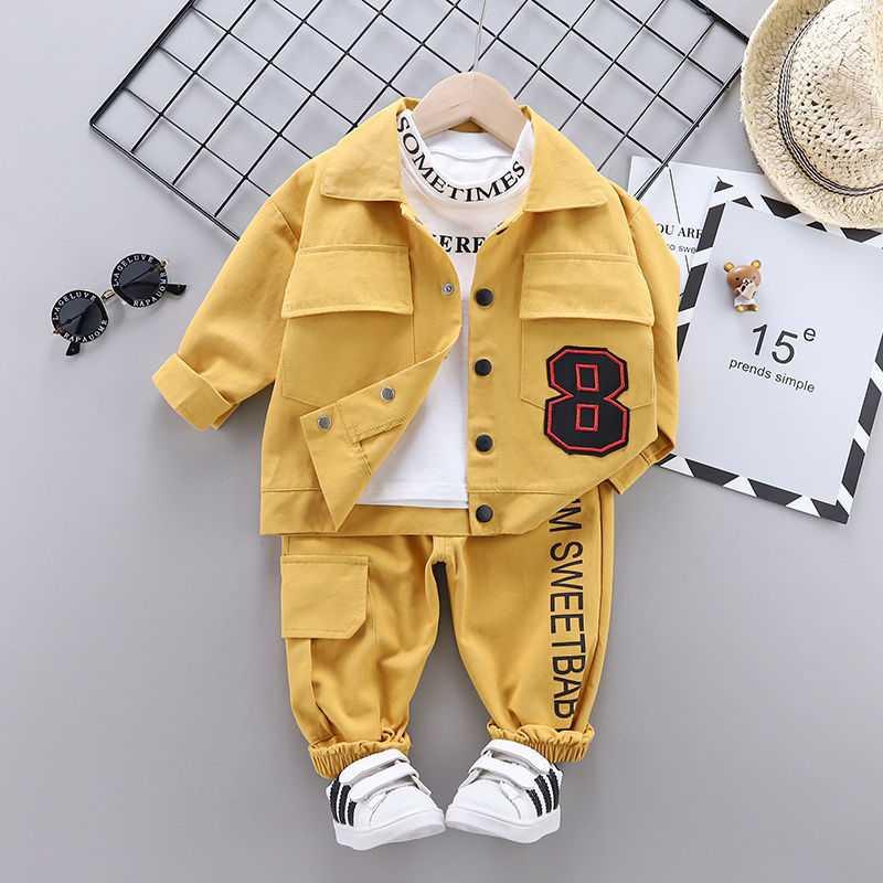 SJ Tooling 8 Yellow & Three Piece Setbaby Autumn clothes Boy Spring and Autumn suit 2021 new pattern Foreign style Three piece set tide baby clothes handsome Children's wear