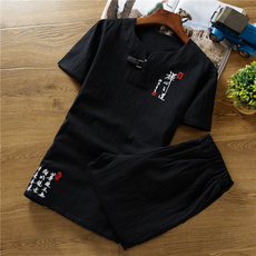中国风夏季亚麻套装男士款棉麻短袖T恤青年43大码A348-TZ11-P48