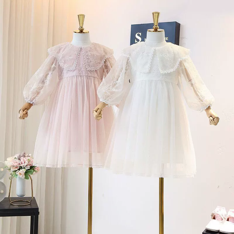 Váy thêu tinh tế váy trẻ em mùa xuân Phiên bản hàn quốc ve áo dài tay váy công chúa ngọt ngào phong cách công chúa váy đèn lồng - Váy